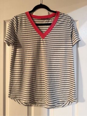 Staccato White Navy Striped Tee with Pink V-Neck